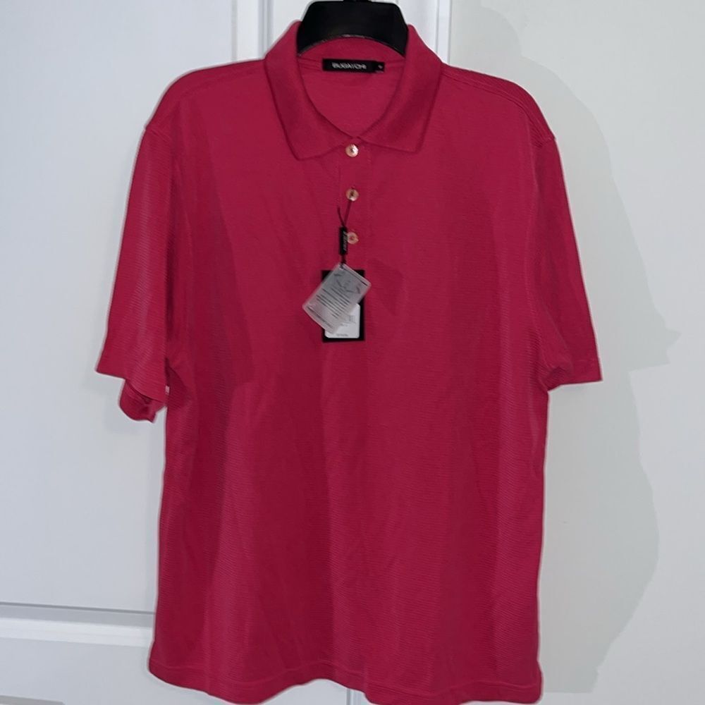 New $110 Bugatchi Coral Red Pink Golf Polo Shirt S/L MisLabeled Men’s w/Tags